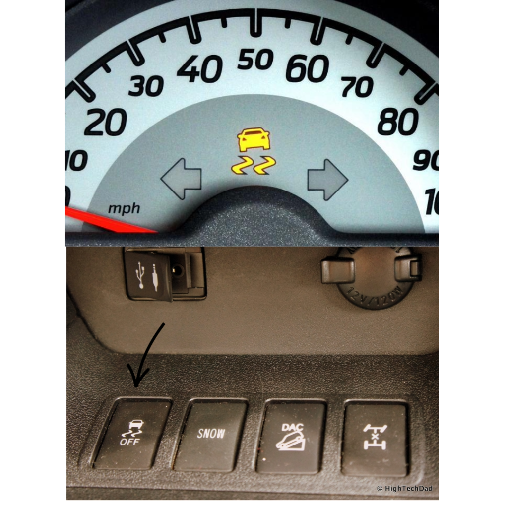Displays what the traction control light and button look like. These are important tools to be aware of in order to drive safely in the snow.