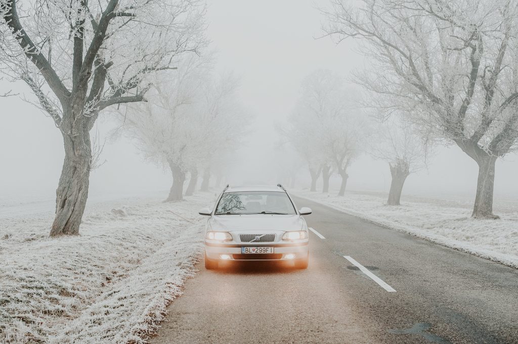 A car that is displaying how to drive in snow.